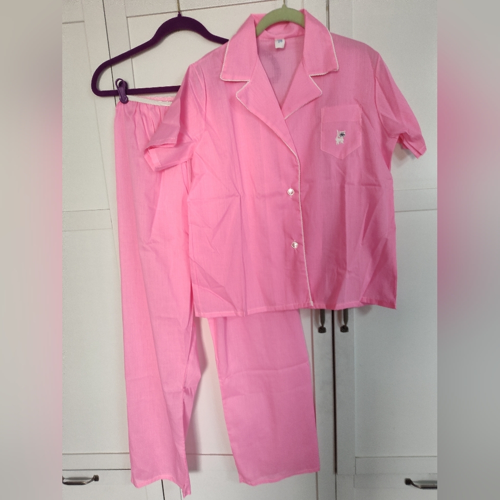 Vintage Katz Hot Pink Cotton Blend Pajamas PJ's kitten pocket  2 Piece NWOT Med